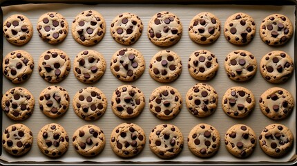 Obraz premium Freshly baked chocolate chip cookies with golden-brown edges and melted chocolate chips, capturing the perfect homemade treat and delicious dessert moment. 