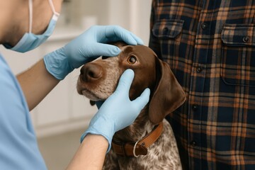 Veterinarian wearing gloves and mask examines a dog s eye during a checkup