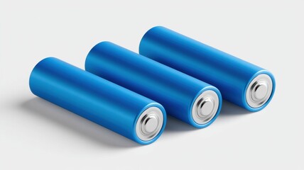 Battery storage charging innovation. Three blue cylindrical batteries arranged in a row on a light background.