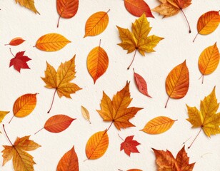 Fototapeta premium Seamless pattern of vibrant dry, crunchy autumn leaves scattered across a textured paper background, capturing the essence of the fall season.