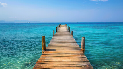 Fototapeta premium Wooden pier extending into crystal clear turquoise ocean waters under a bright blue sky