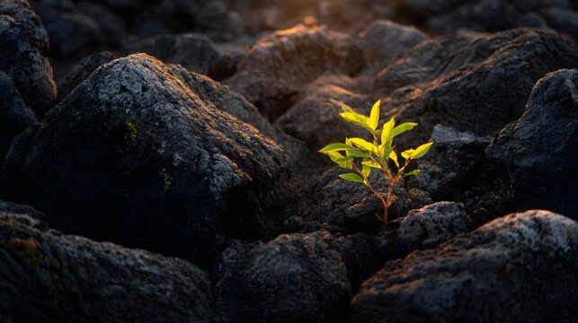 Green plant sprouts from dark lava rocks, symbolizing resilience and new beginnings.