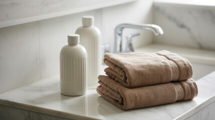 Bathroom scene featuring towels, bottles, and a faucet on a marble countertop with soft lighting