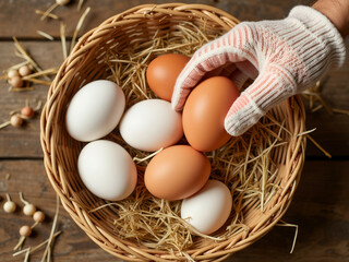 Hand reaching for brown egg in wicker basket with white eggs. National Farmer's Day