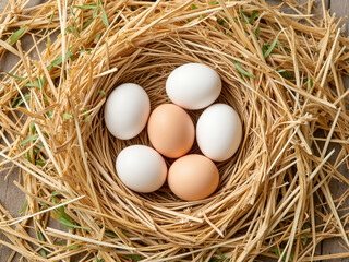 Fresh eggs in a straw nest on wooden background. National Farmer's Day