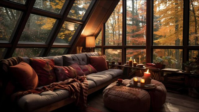 Rain on a Cozy Interior Cabin loop ambience