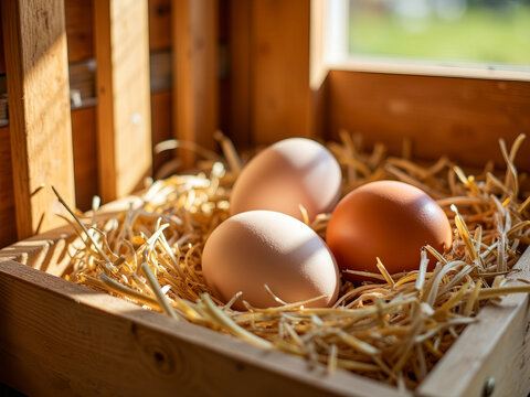 Three eggs resting in straw in a wooden crate by the window. National Farmer's Day  
