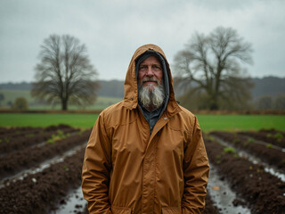 A gray-haired farmer smiles in a raincoat while standing in a field. National Farmer's Day