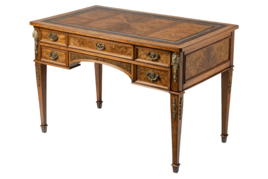 Antique walnut writing desk with ornate brass hardware and marquetry isolated on transparent background