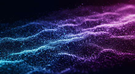 Abstract digital landscape with flowing waves of blue and purple particles against a dark background, creating a sense of depth and movement.