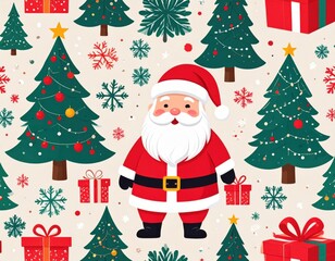 Naklejka premium Seamless pattern featuring cheerful Santa Claus, festive gift boxes, delicate snowflakes, and traditional Christmas trees