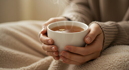 Close-up of hands holding a steaming cup of tea, wrapped in a cozy blanket, suggesting warmth and relaxation.