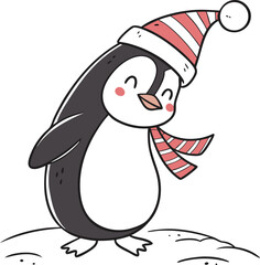 A fun cartoon illustration of a cute penguin wearing a Santa hat and holding an ice cream, perfect for a winter holiday card design
