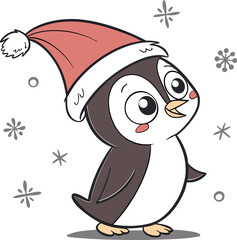 Cute cartoon penguins with Santa hats and Christmas balls celebrate a happy winter holiday in this festive vector illustration