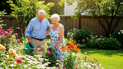 Senior couple enjoying gardening in backyard. Elderly man and woman tending colorful flower beds. Retirement hobby, active aging, and outdoor leisure concept for grandparents - Powered by Adobe