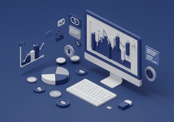 Isometric View of Financial Data Analysis with Computer, Charts, and Coins