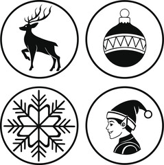 A vector illustration set of black and white Christmas icons and labels featuring deer and reindeer silhouettes for tattoo or design