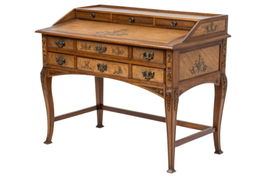 Antique wooden writing desk with ornate drawer pulls and inlays isolated on transparent background