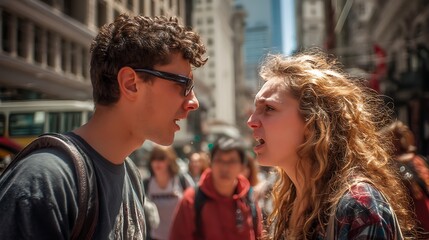 a real young couple arguing intensely on a crowded city sidewalk, emotional expressions, social conflict, photorealistic 