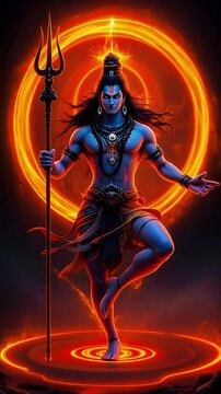 Dynamic Lord Shiva, cosmic orange halo, holding trident. Powerful Hindu deity, spiritual energy. Traditional Indian worship. Shiv angry dance in space. Red fire circle around body. Shiva, Lord, Hindu