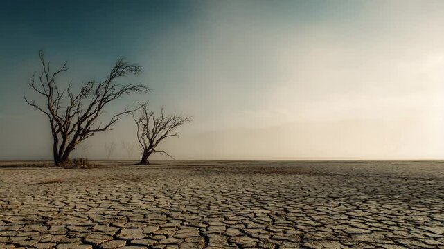 A single dry tree stands in a desert landscape under clear sky, showing loneliness, climate effect, and lifeless earth