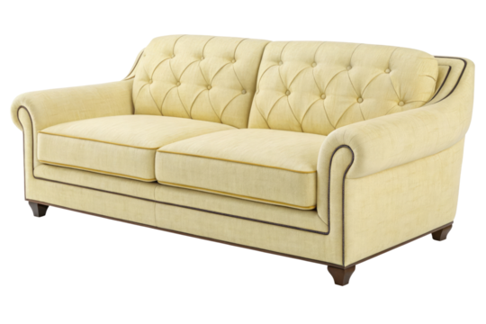 Elegant yellow tufted sofa with dark trim and wooden legs isolated on transparent background