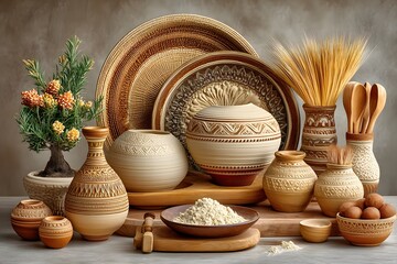 Rustic pottery workspace with earthenware clay bowls high resolution image