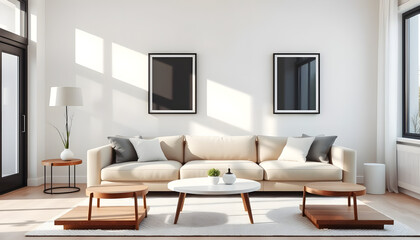 Modern living room design bright interior image minimalist style eye-level view aesthetic appeal