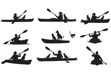 Naklejka premium Silhouettes of Children Kayaking and Water Activities