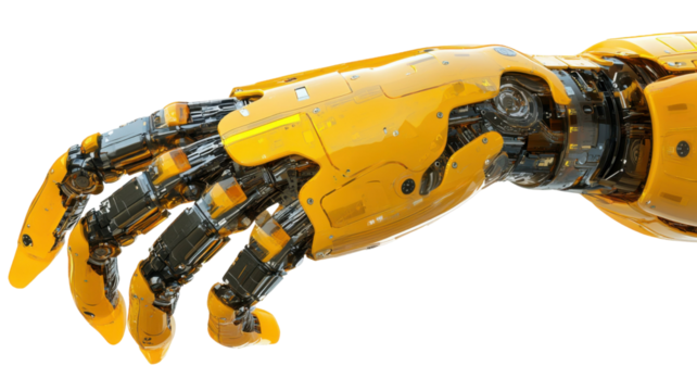 Yellow Robotic Arm with Industrial Automation Design and Mechanical Precision on White Background
