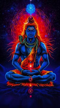 Mahadev meditating with third eye, vibrant cosmic halo, snake. Divine Hindu god, ultimate spiritual peace. Ancient wisdom. Lord Shiva. Indian Hindu God Shiv, Krishna in lotus position, snake on neck