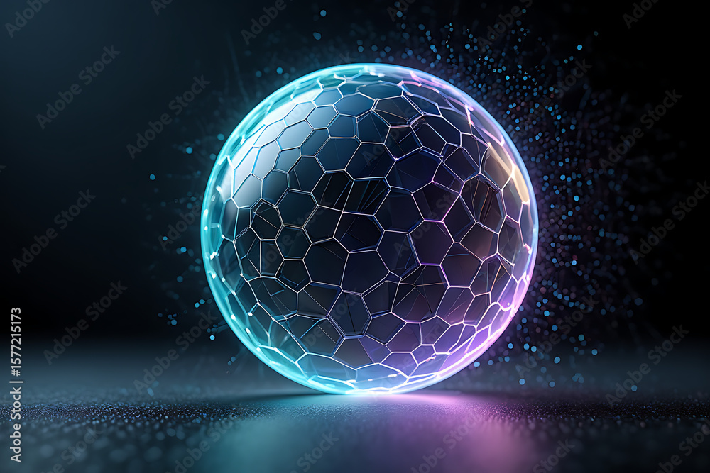 Poster a glowing, transparent sphere with a hexagonal network pattern symbolizes global digital connection 