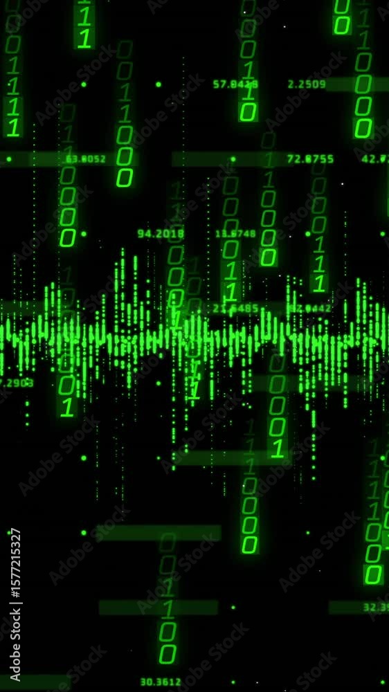 Poster animation of binary coding and data processing over black background