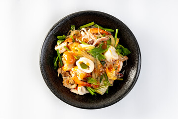 fried  sukiyaki pork and seafood with vegetable and sukiyaki sauce, Thai street food