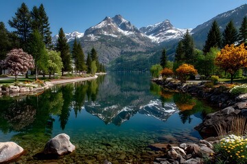 Serene landscape of calm lake and distant mountains high resolution image