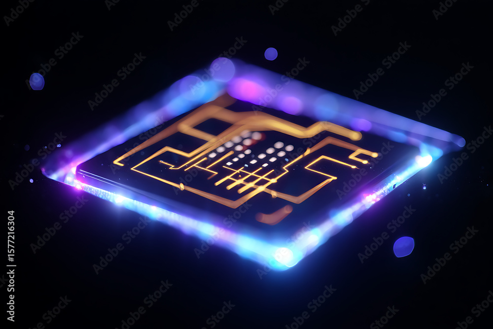 Poster a glowing microchip processor with intricate circuits radiates neon light, symbolizing the heart of 