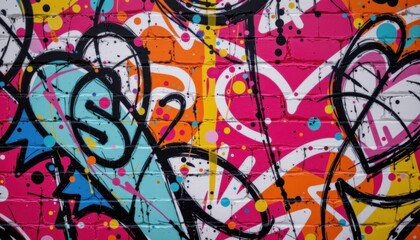Obraz premium Vibrant colorful graffiti mural featu abstract heart shapes and splattered paint with bold black outlines on urban brick wall background