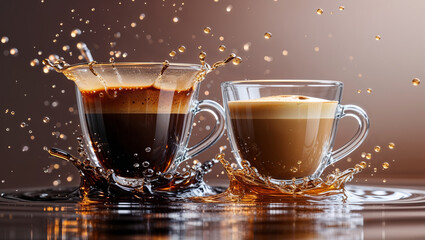 Fototapeta premium Dramatic Coffee Splash with Espresso and Latte in Glass Cups