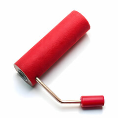a red paint roller placed on a white background