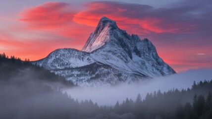 Snowy mountain peak under a pink and purple sky with fog and trees in the foreground landscape view