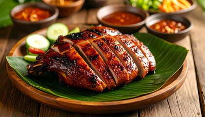 Grilled chicken culinary delight: A top-down view showcasing succulent, grilled chicken slices elegantly arranged on a wooden plate.