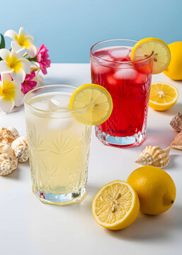 Summer lemonade and ruby drink set with sliced lemons, Summer drinks with lemon and tropical flowers
