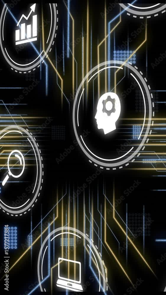Poster Icons representing various concepts and data processing animation over dark background