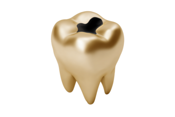 a gold tooth with a black hole in the middle