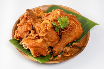 Hat Yai Fried Chicken, crispy fried chicken with fried on a white background.