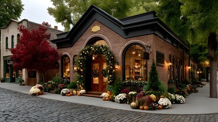 Small town festive storefront in autumn high resolution wallpaper