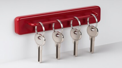 New home, apartment deal. Key holder with multiple keys on a red rack against a white background.
