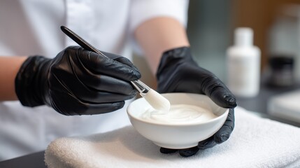 Close-up shot of gloved hands expertly mixing a creamy cosmetic product in a white bowl using a brush.  The image evokes a sense of precision and care. 