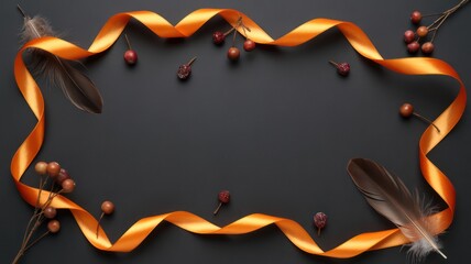 Orange ribbon frame with feathers and berries on a dark background creating a decorative border