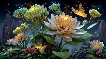 Sparkling night flowers in enchanted fairy woodland high resolution image